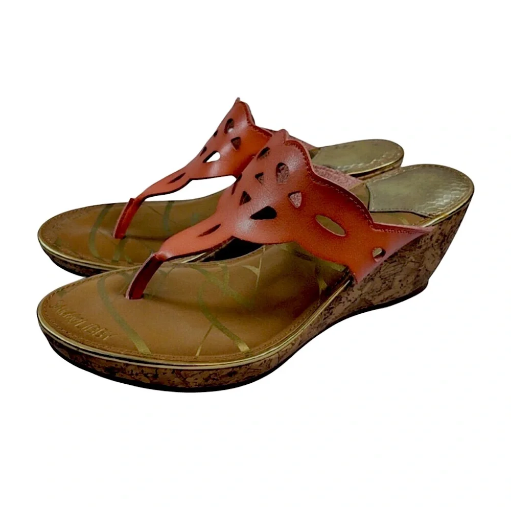 Sam & Libby Tan Cut Out  Wedge Thong Sandals Size 8.5